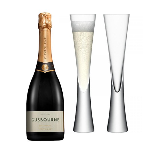 Gusbourne Brut Reserve English Sparkling 75cl with LSA Moya Flutes